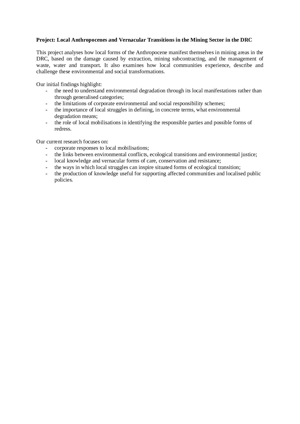 Project: Local Anthropocenes and Vernacular Transitions in the Mining Sector in the DRC