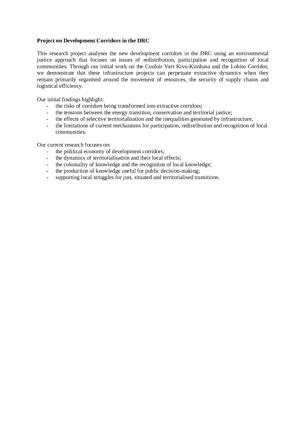 Project on Development Corridors in the DRC