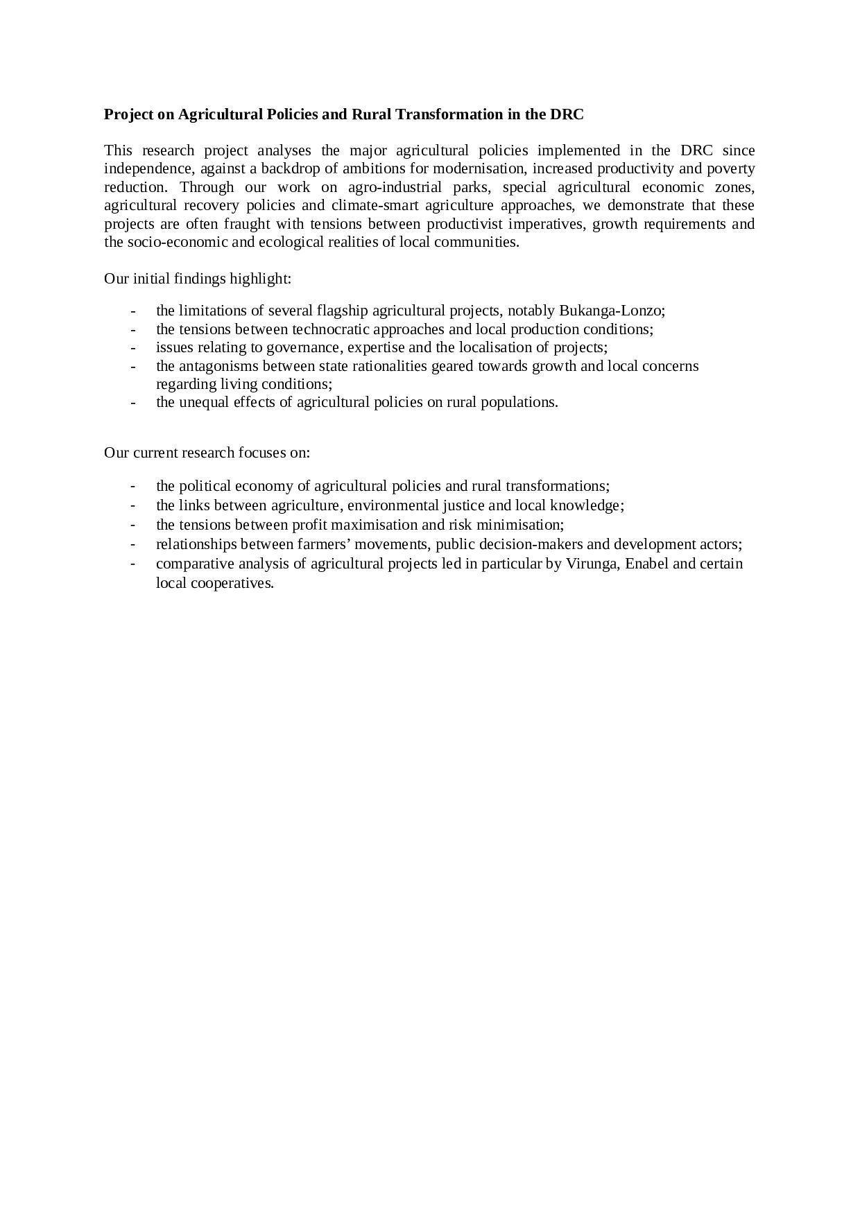 Project on Agricultural Policies and Rural Transformation in the DRC