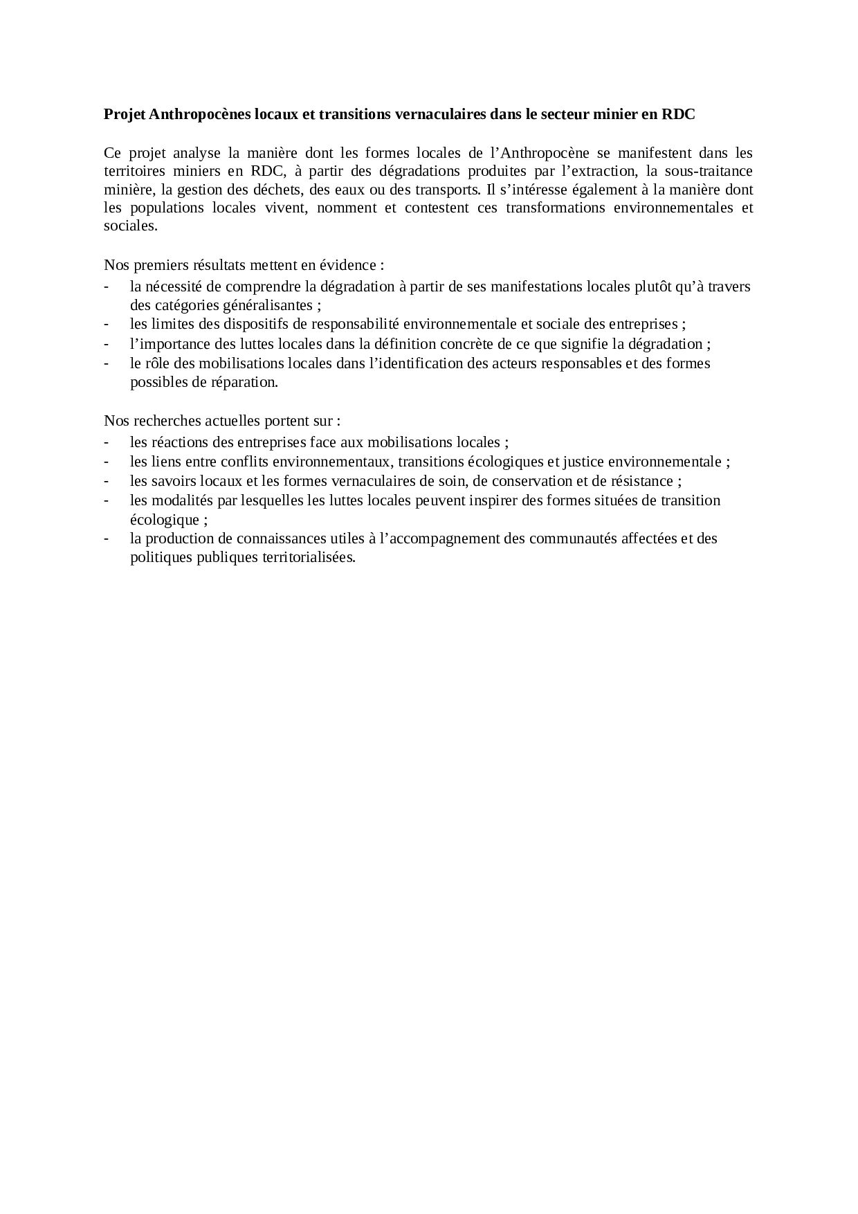 Projet Anthropocènes locaux et transitions vernaculaires dans le secteur minier en RDC