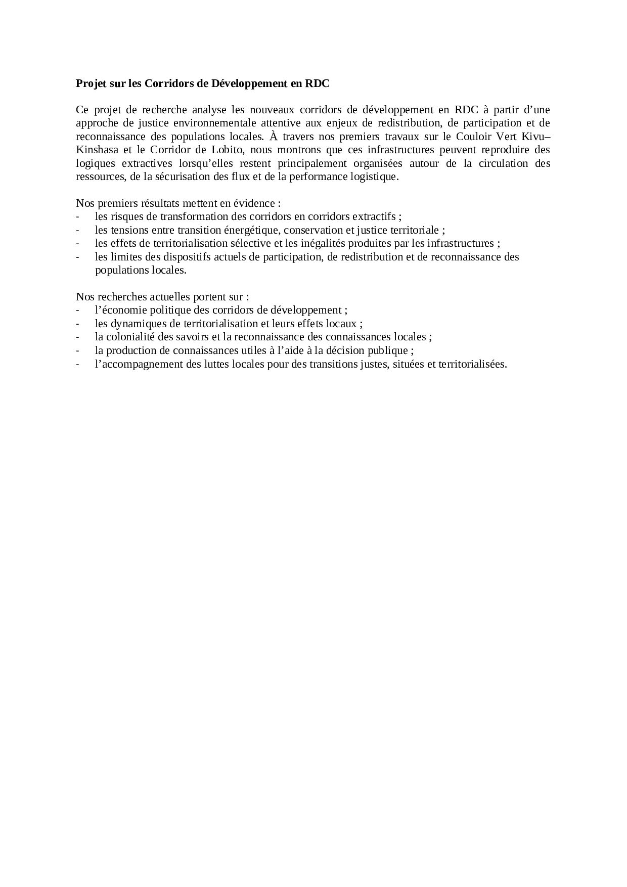 Projet Corridors de Développement