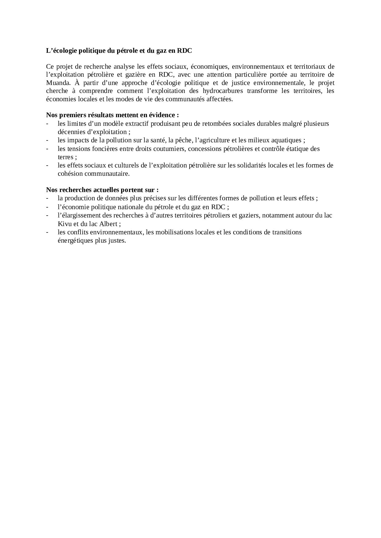 L’écologie politique du pétrole et du gaz en RDC