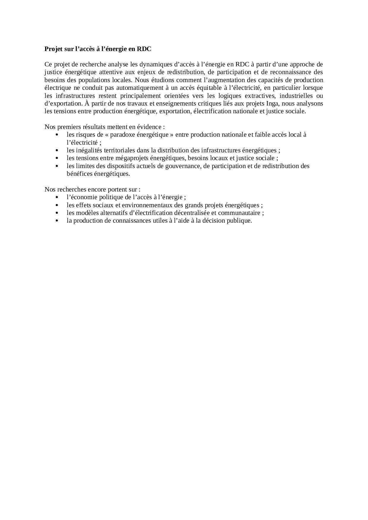 Projet sur l’accès à l’énergie en RDC