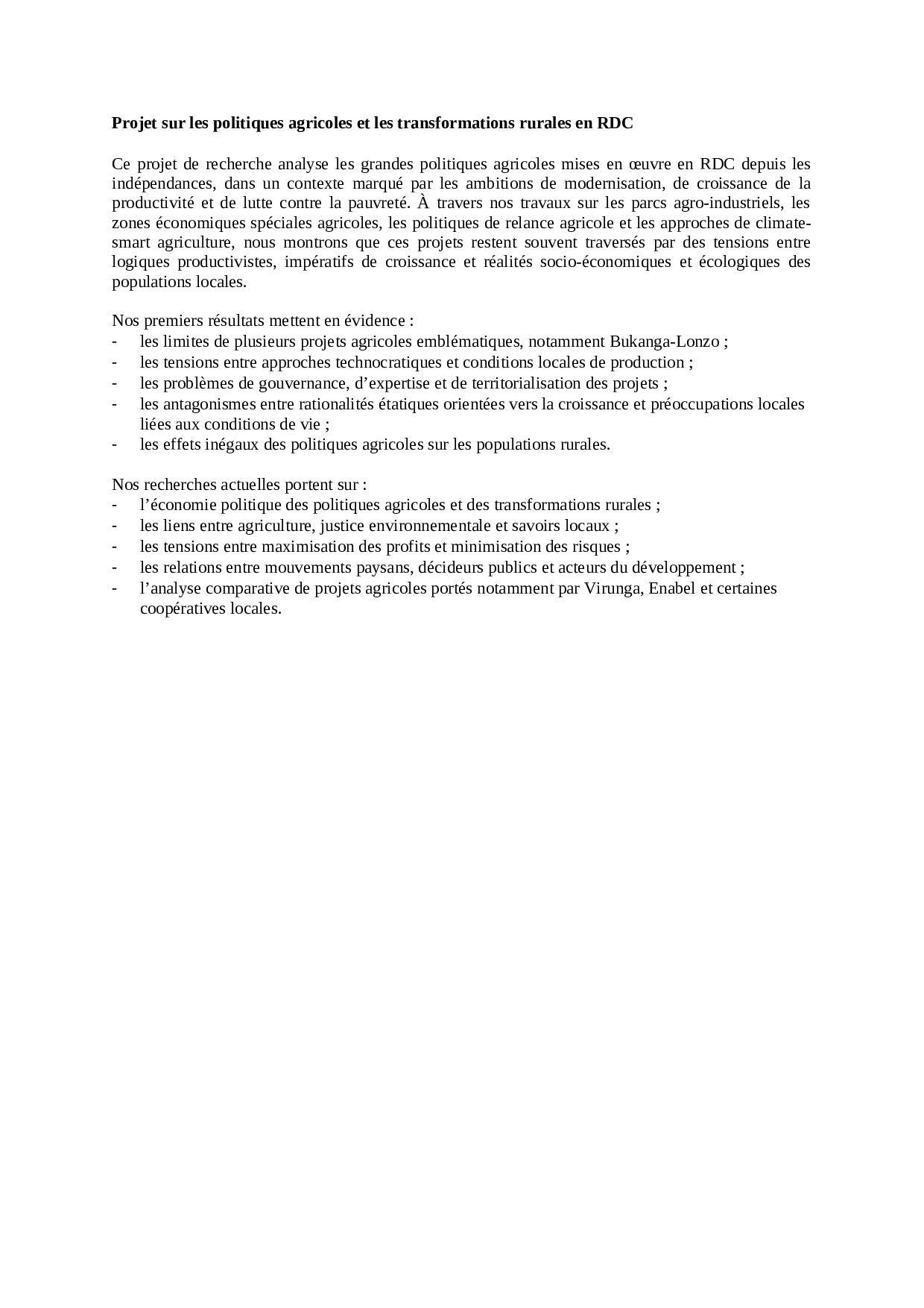 Projet sur les politiques agricoles et les transformations rurales en RDC